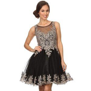 Eureka Fashion - 6012 Illusion Scoop Gilt Embroidered A-Line Dress